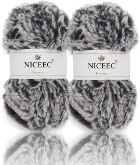 NICEEC 2 Skeins Faux Fur Yarn Super Soft, Chunky & Fluffy, Eyelash Yarn for Crochet & Knitting (Total Length 70yds,3.53oz) - Black with White