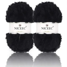 NICEEC 2 Skeins Faux Fur Yarn Super Soft, Chunky & Fluffy, Eyelash Yarn for Crochet & Knitting (Total Length 70yds,3.53oz) - Black