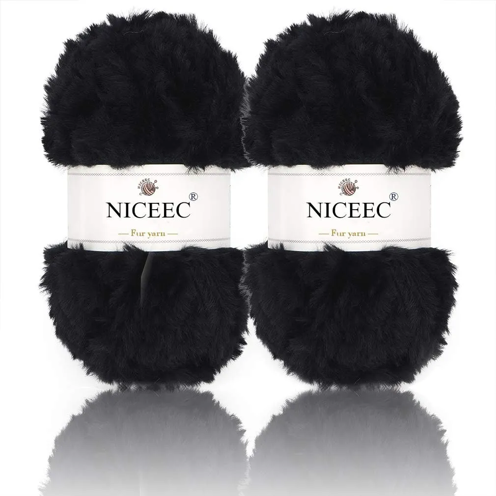 NICEEC 2 Skeins Faux Fur Yarn Super Soft, Chunky & Fluffy, Eyelash Yarn for Crochet & Knitting (Total Length 70yds,3.53oz) - Black