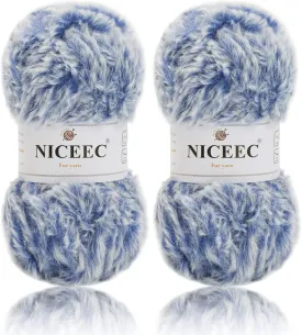 NICEEC 2 Skeins Faux Fur Yarn Super Soft, Chunky & Fluffy, Eyelash Yarn for Crochet & Knitting (Total Length 70yds,3.53oz) - Blue