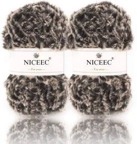 NICEEC 2 Skeins Faux Fur Yarn Super Soft, Chunky & Fluffy, Eyelash Yarn for Crochet & Knitting (Total Length 70yds,3.53oz) - Coffee