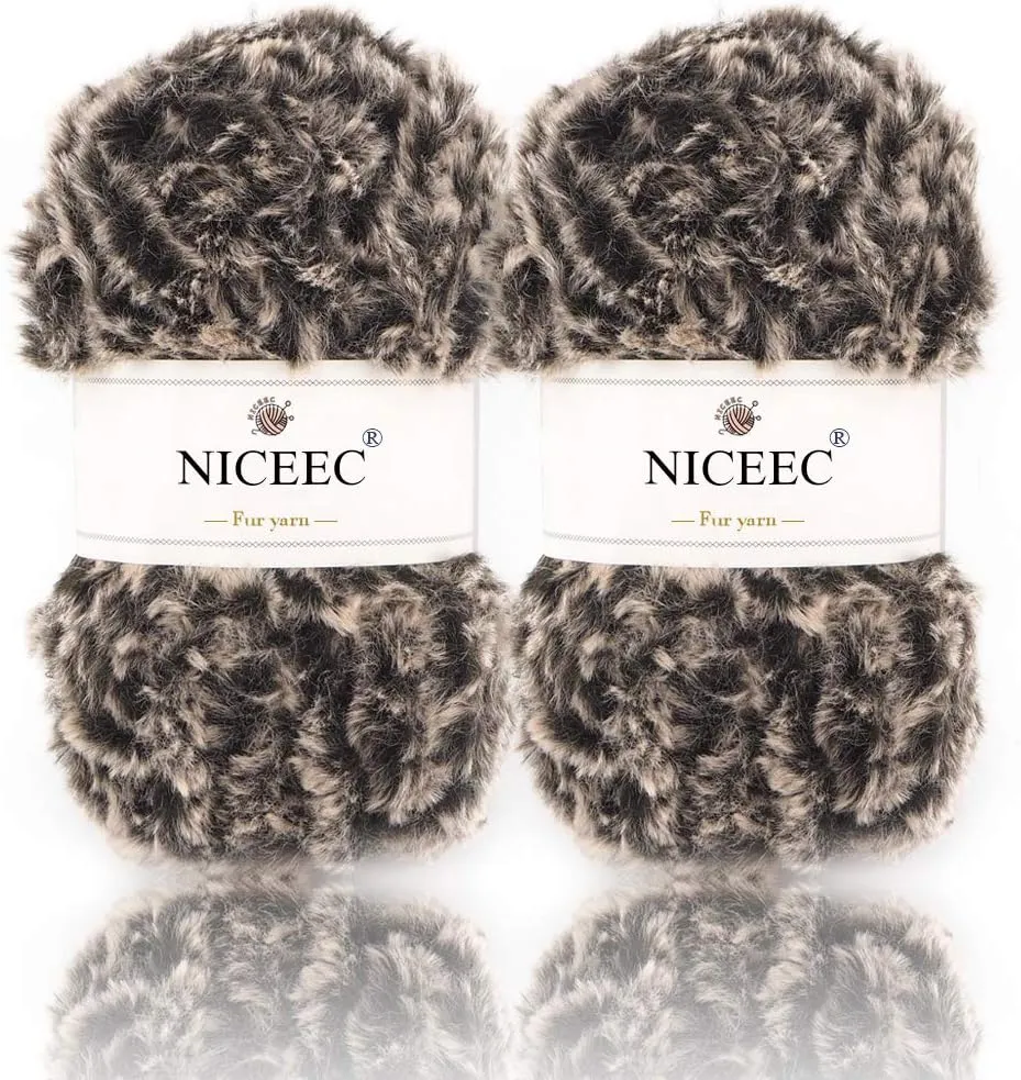 NICEEC 2 Skeins Faux Fur Yarn Super Soft, Chunky & Fluffy, Eyelash Yarn for Crochet & Knitting (Total Length 70yds,3.53oz) - Coffee