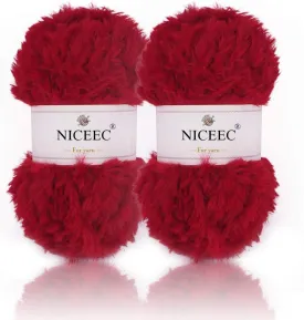 NICEEC 2 Skeins Faux Fur Yarn Super Soft, Chunky & Fluffy, Eyelash Yarn for Crochet & Knitting (Total Length 70yds,3.53oz) - Red