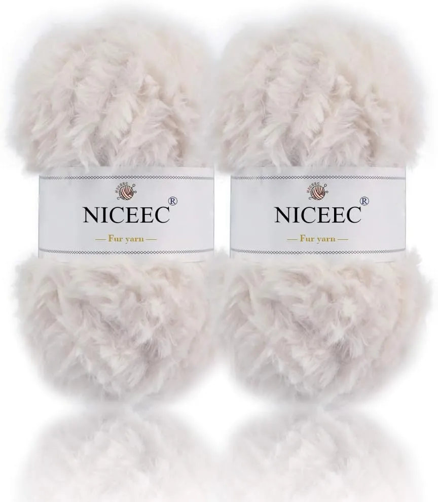 NICEEC 2 Skeins Faux Fur Yarn Super Soft, Chunky & Fluffy, Eyelash Yarn for Crochet & Knitting (Total Length 70yds,3.53oz) - White