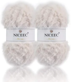 NICEEC 2 Skeins Faux Fur Yarn Super Soft, Chunky & Fluffy, Eyelash Yarn for Crochet & Knitting (Total Length 70yds,3.53oz) - White