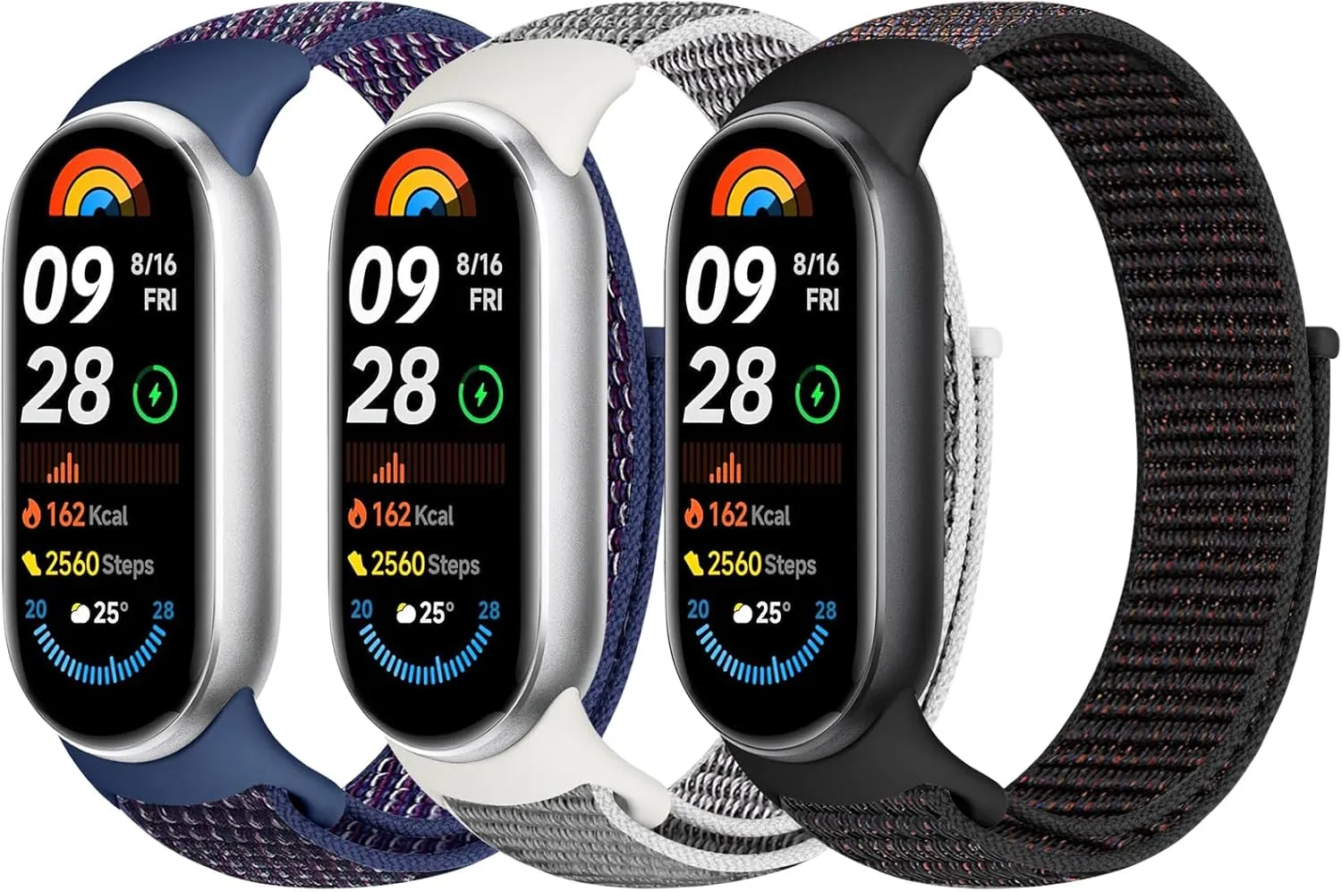Nylon Sport Band Compatible with Xiaomi Smart Band 9/8, Soft Adjustable Breathable Sport Loop Watch Strap Replacement Wristband for Women & Men, 3pcs
