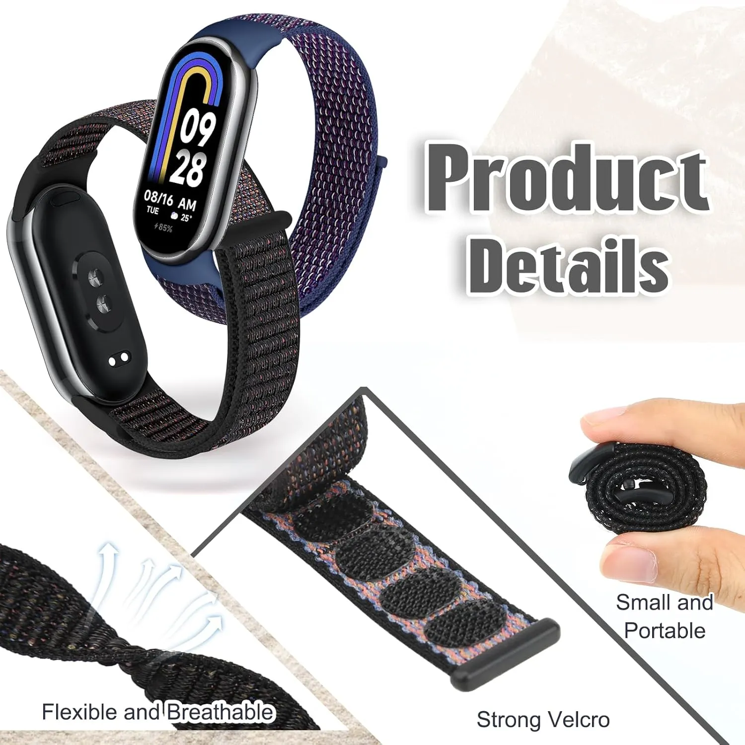 Nylon Sport Band Compatible with Xiaomi Smart Band 9/8, Soft Adjustable Breathable Sport Loop Watch Strap Replacement Wristband for Women & Men, 3pcs