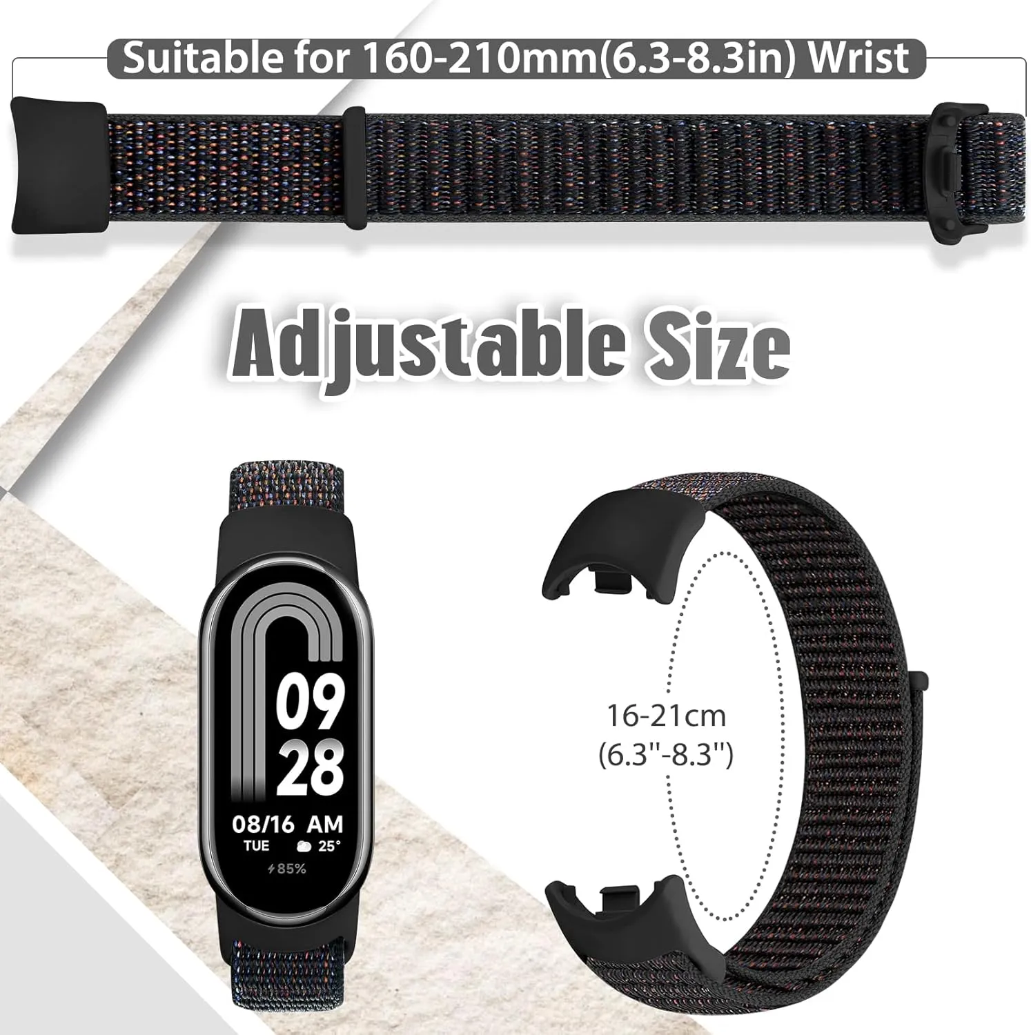 Nylon Sport Band Compatible with Xiaomi Smart Band 9/8, Soft Adjustable Breathable Sport Loop Watch Strap Replacement Wristband for Women & Men, 3pcs