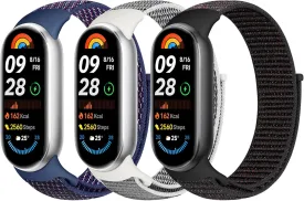 Nylon Sport Band Compatible with Xiaomi Smart Band 9/8, Soft Adjustable Breathable Sport Loop Watch Strap Replacement Wristband for Women & Men, 3pcs