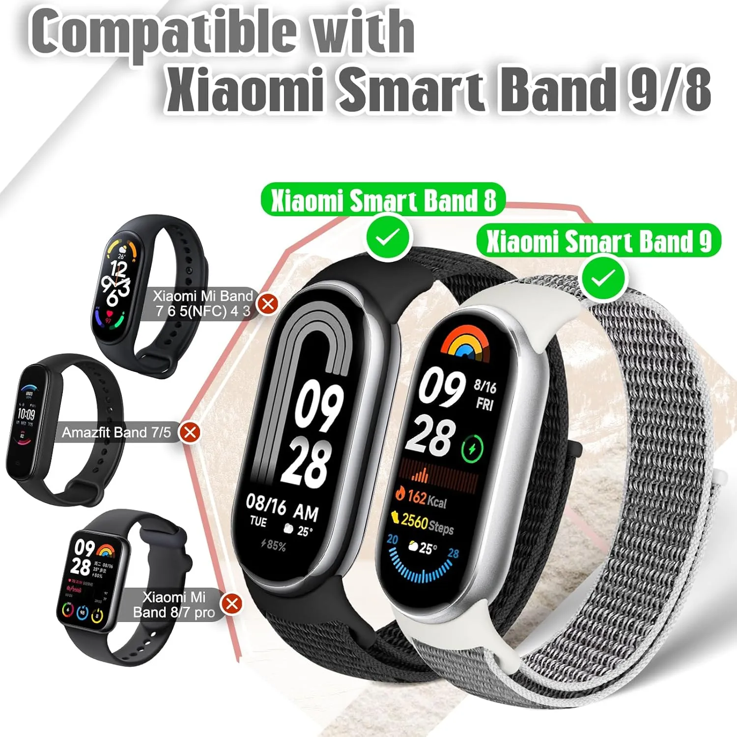 Nylon Sport Band Compatible with Xiaomi Smart Band 9/8, Soft Adjustable Breathable Sport Loop Watch Strap Replacement Wristband for Women & Men, 3pcs