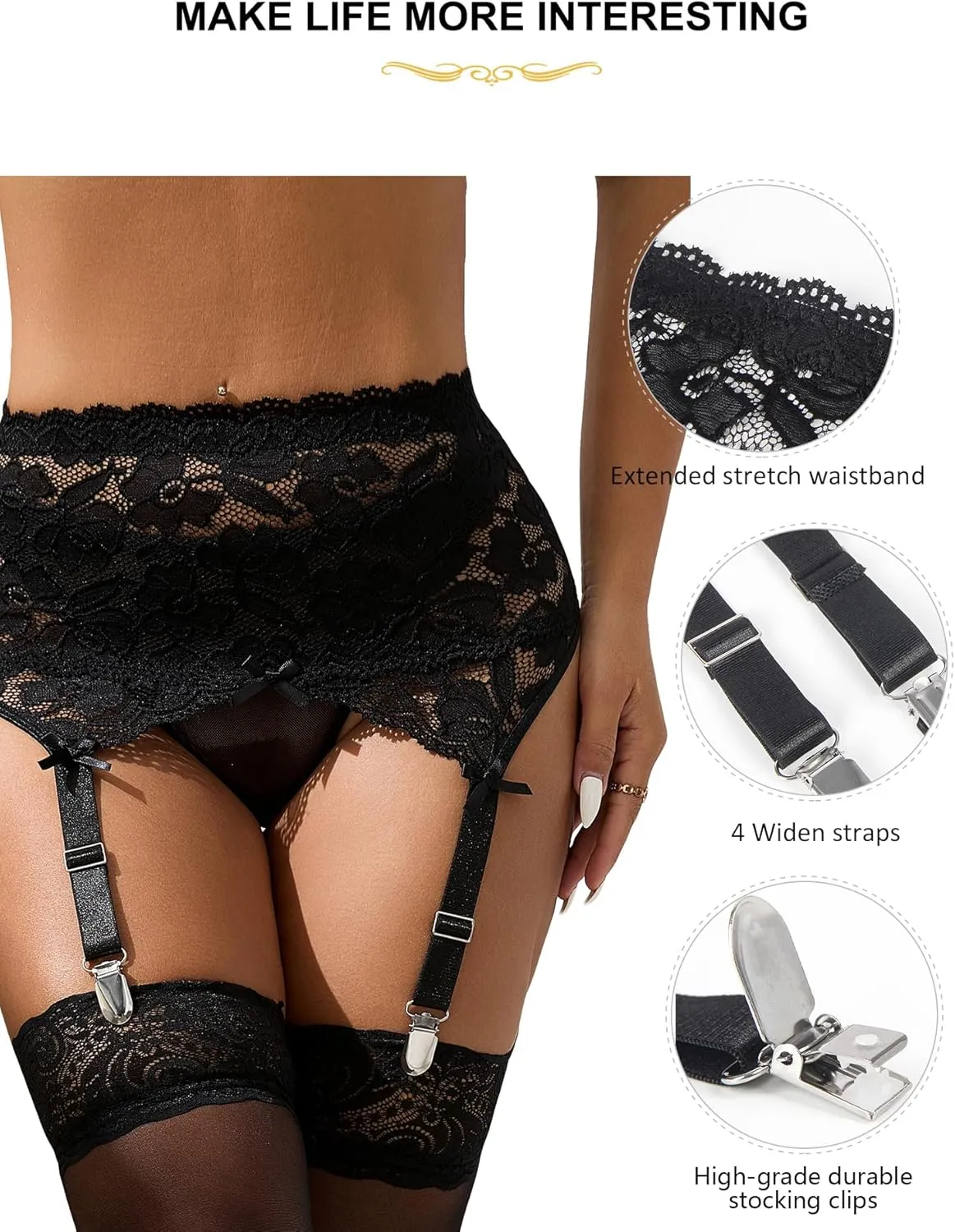 ohyeah Women Floral Lace Garter Belt for Thigh Highs Stockings 4-Strap Metal Clip Plus Size Sexy Mesh Suspender Garter Belts