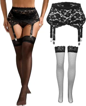 ohyeah Women Floral Lace Garter Belt for Thigh Highs Stockings 4-Strap Metal Clip Plus Size Sexy Mesh Suspender Garter Belts