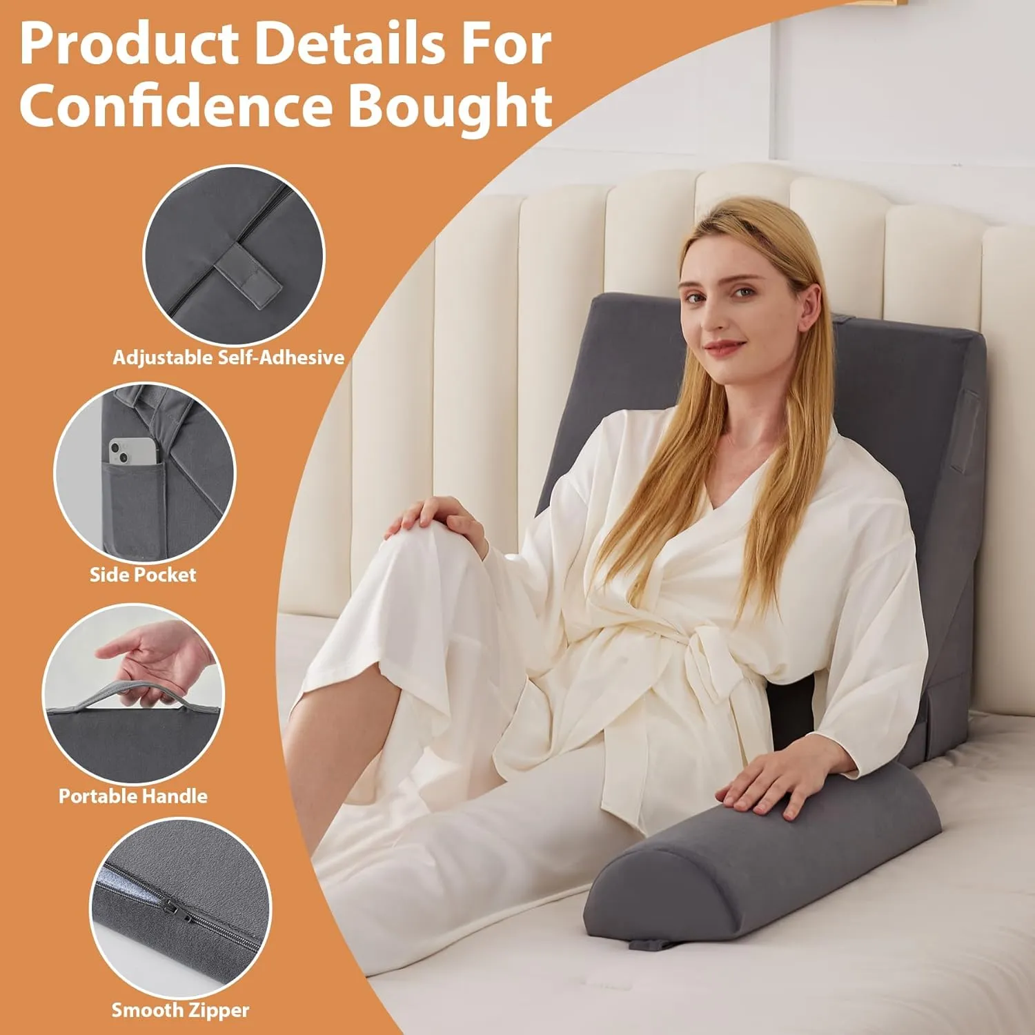 Orthopedic Bed Wedge Pillow Set 4Pcs, Adjustable Memory Foam Wedges Pillow, Pillow Wedge for Post Surgery, Back Pain Relief, Triangle Pillow for Acid Reflux, Snoring, GERD, Plush Grey