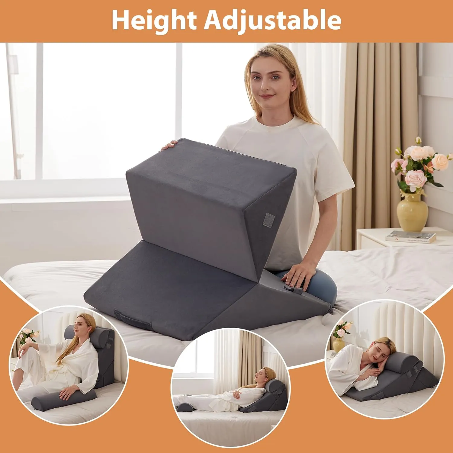 Orthopedic Bed Wedge Pillow Set 4Pcs, Adjustable Memory Foam Wedges Pillow, Pillow Wedge for Post Surgery, Back Pain Relief, Triangle Pillow for Acid Reflux, Snoring, GERD, Plush Grey