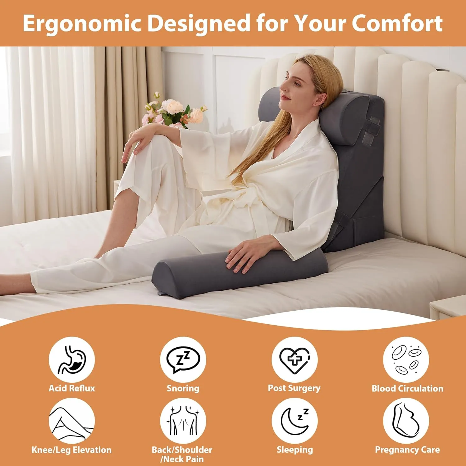 Orthopedic Bed Wedge Pillow Set 4Pcs, Adjustable Memory Foam Wedges Pillow, Pillow Wedge for Post Surgery, Back Pain Relief, Triangle Pillow for Acid Reflux, Snoring, GERD, Plush Grey
