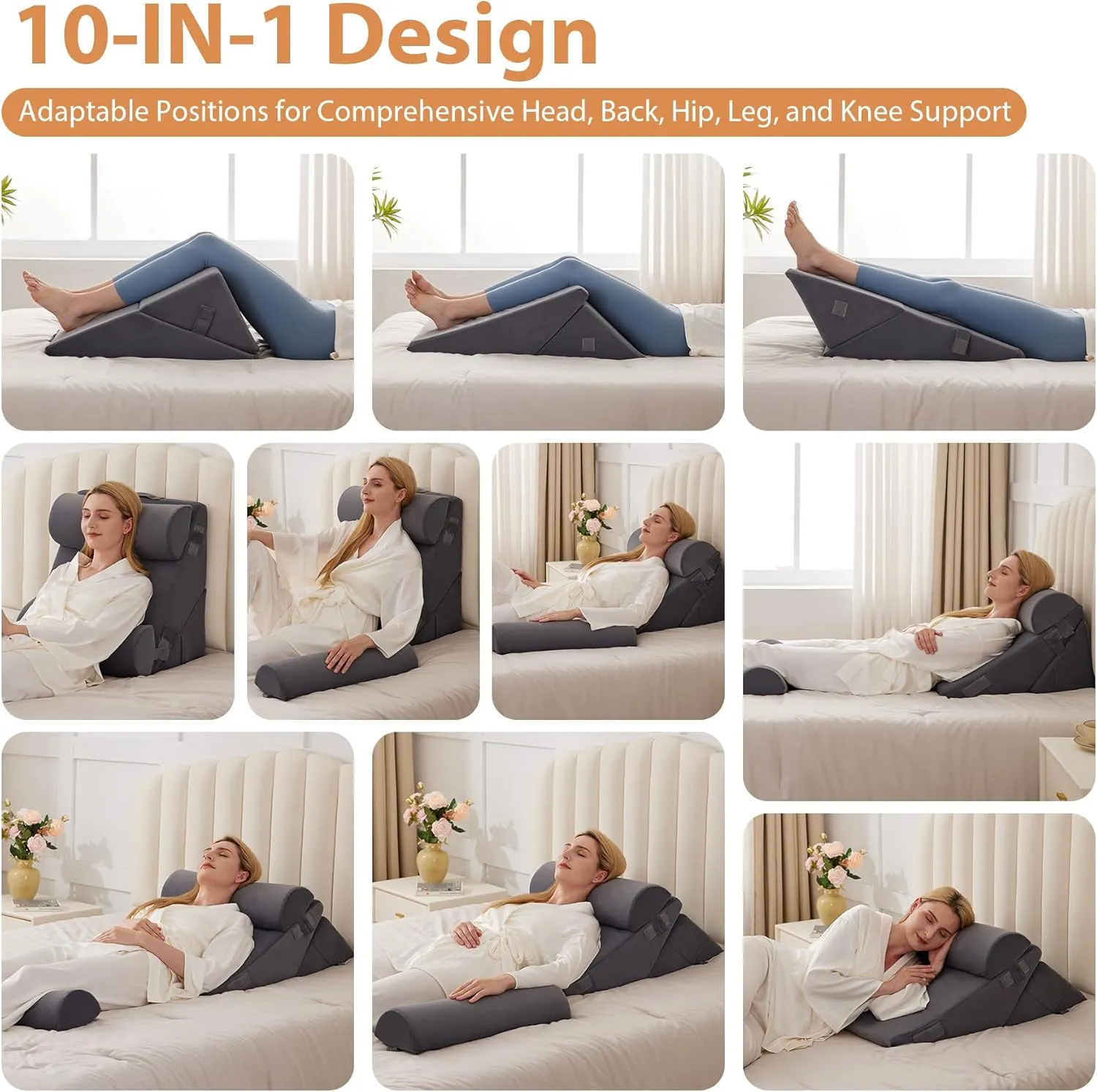 Orthopedic Bed Wedge Pillow Set 4Pcs, Adjustable Memory Foam Wedges Pillow, Pillow Wedge for Post Surgery, Back Pain Relief, Triangle Pillow for Acid Reflux, Snoring, GERD, Plush Grey