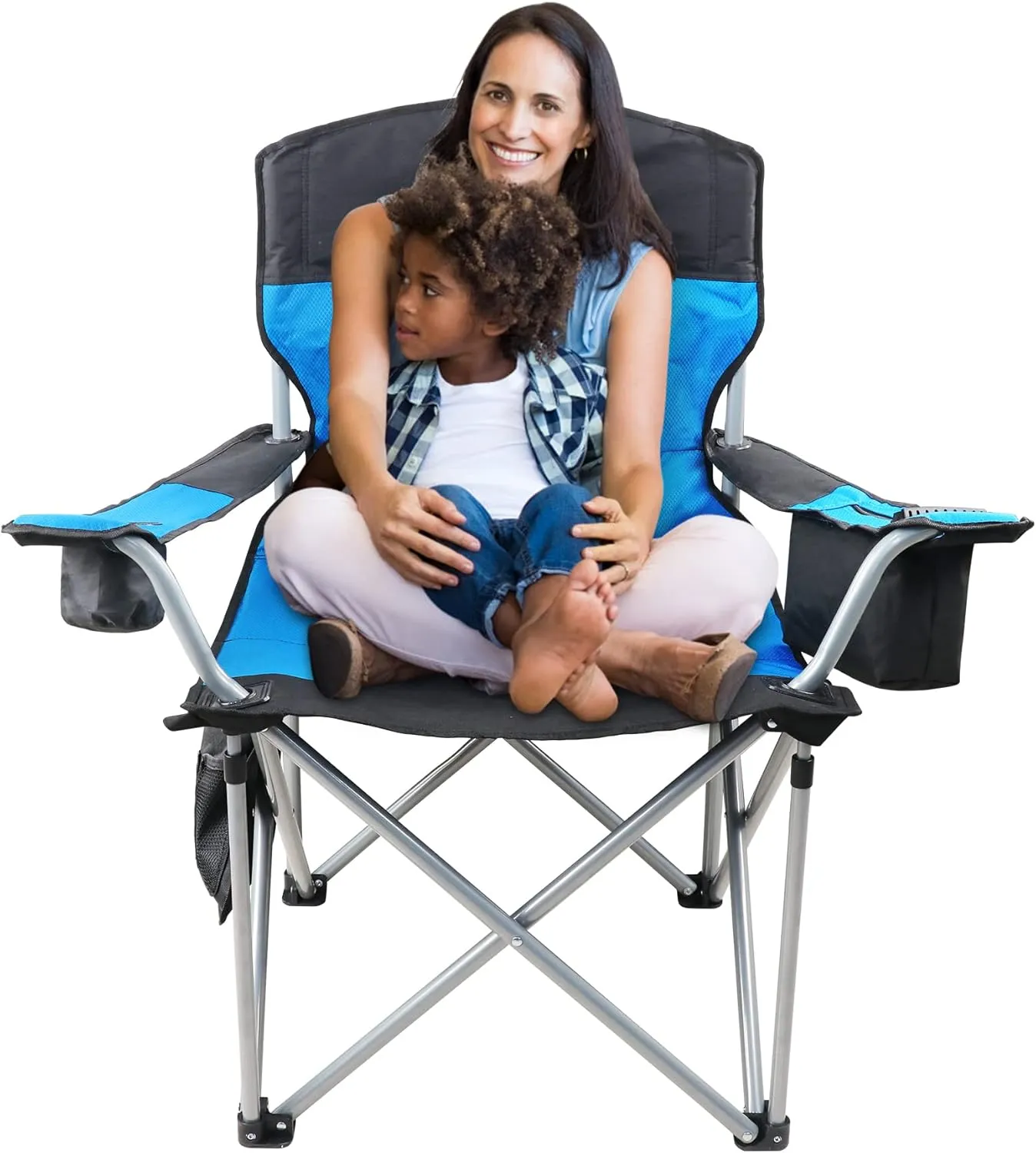 Oversized Camping Chairs for Adults Heavy Duty, 500lbs Heavy Duty Beach Chairs for Adults, Folding Chair with Cooler Bag & Cup Holder, Side Pocket, Blue & Black
