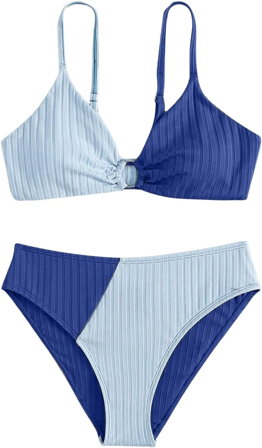 OYOANGLE Girl's 2 Piece Colorblock Ring Linked Bikini Swimsuit Ribbed Knit Bathing Suit