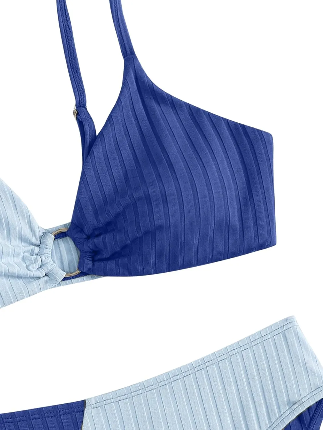 OYOANGLE Girl's 2 Piece Colorblock Ring Linked Bikini Swimsuit Ribbed Knit Bathing Suit