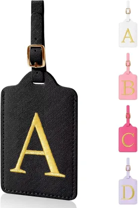 Personalized Initial Luggage Tags for Suitcases,Leather Letter Cute Luggage Tags with Privacy Name Card,Embroidered Monogrammed Travel Bag Backpack Tags Gifts for Women Kids Girls Teens(Black-A)
