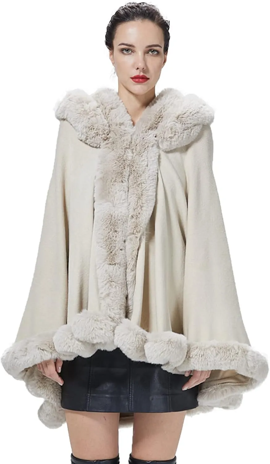 Poncho Hooded Shawl Wrap Women Cape Winter Faux Fur Trim Coat Sleeveless Cardigan Dressy Cloak for Party