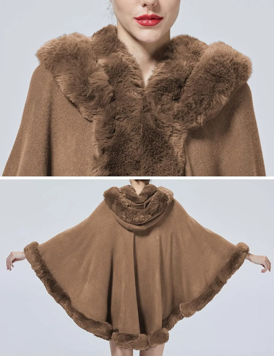 Poncho Hooded Shawl Wrap Women Cape Winter Faux Fur Trim Coat Sleeveless Cardigan Dressy Cloak for Party