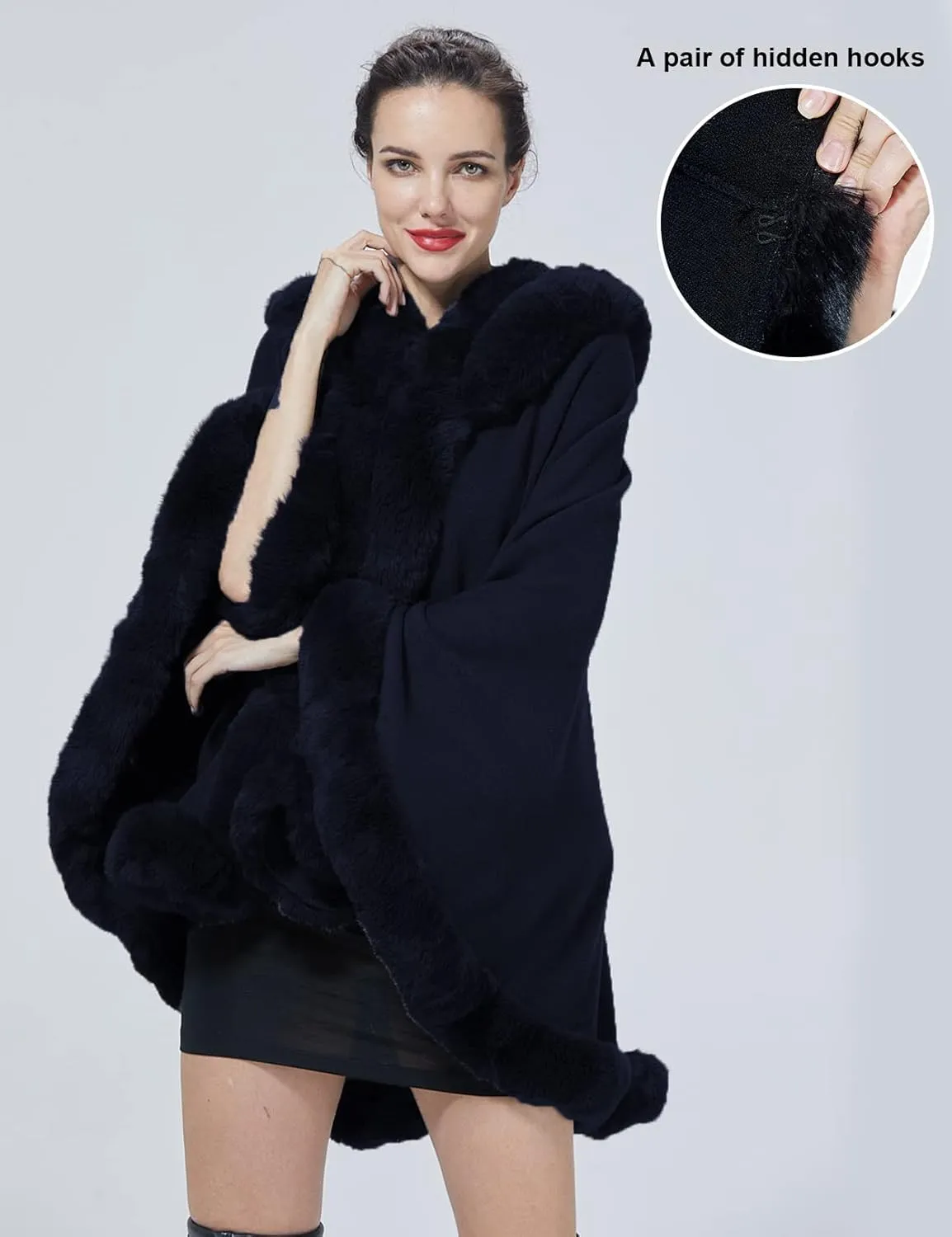 Poncho Hooded Shawl Wrap Women Cape Winter Faux Fur Trim Coat Sleeveless Cardigan Dressy Cloak for Party