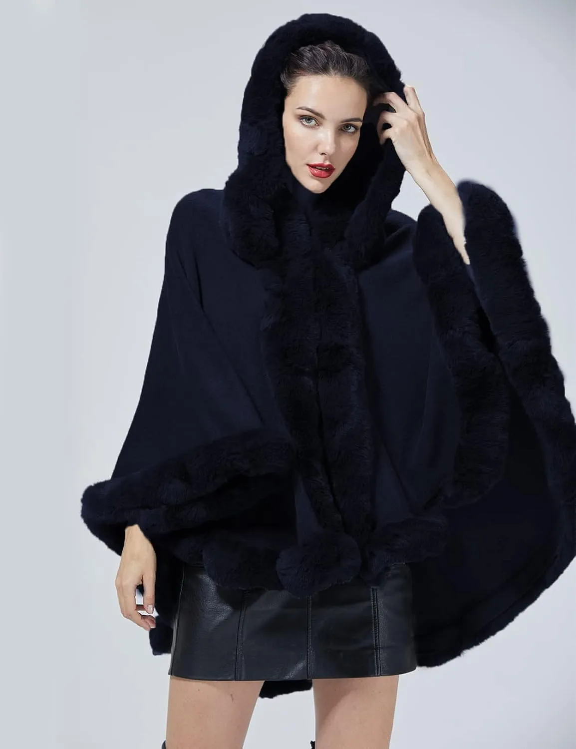 Poncho Hooded Shawl Wrap Women Cape Winter Faux Fur Trim Coat Sleeveless Cardigan Dressy Cloak for Party