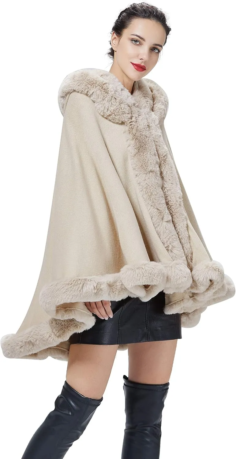 Poncho Hooded Shawl Wrap Women Cape Winter Faux Fur Trim Coat Sleeveless Cardigan Dressy Cloak for Party