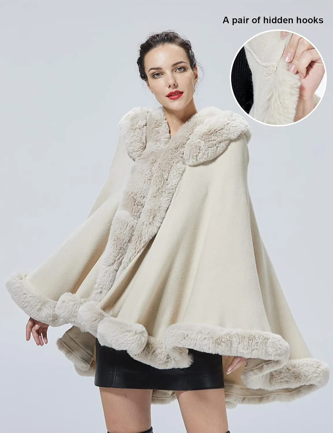 Poncho Hooded Shawl Wrap Women Cape Winter Faux Fur Trim Coat Sleeveless Cardigan Dressy Cloak for Party