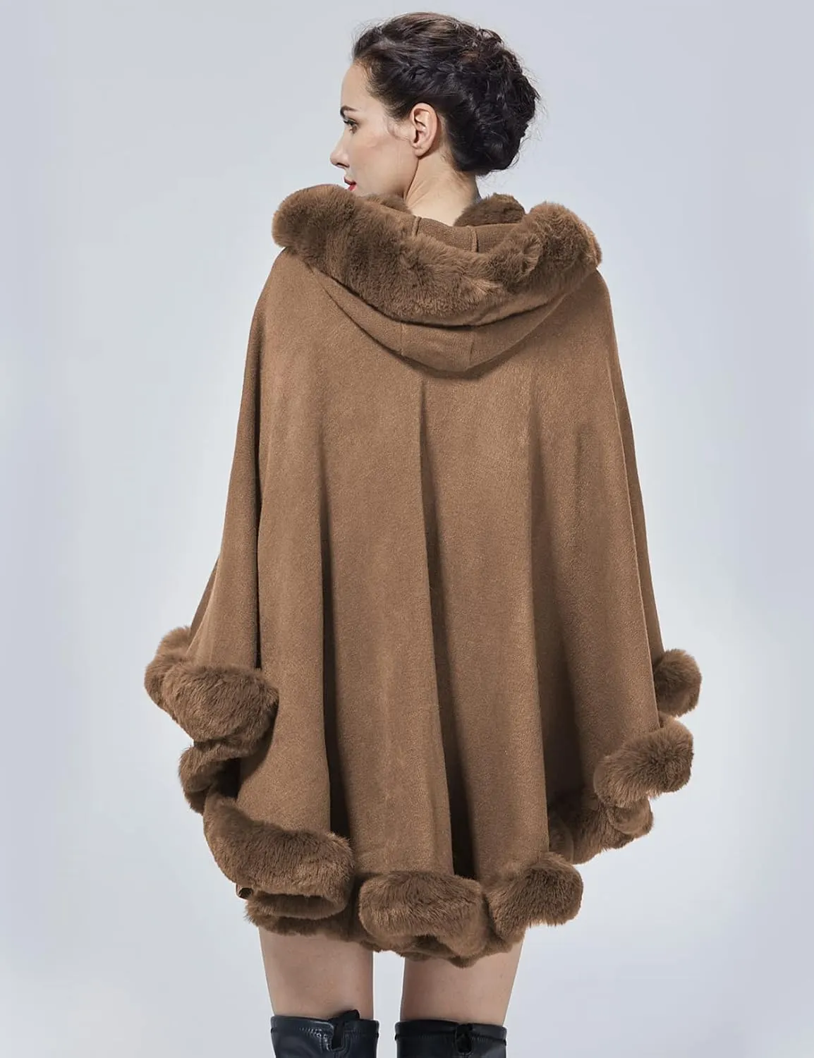 Poncho Hooded Shawl Wrap Women Cape Winter Faux Fur Trim Coat Sleeveless Cardigan Dressy Cloak for Party