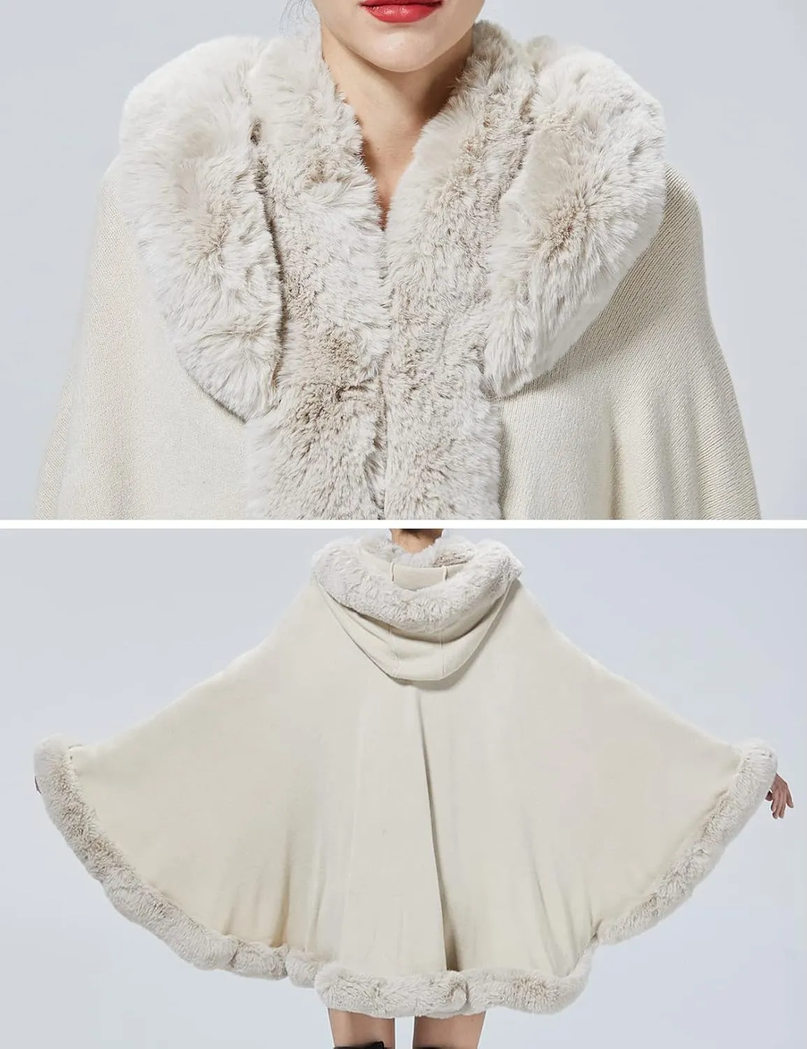 Poncho Hooded Shawl Wrap Women Cape Winter Faux Fur Trim Coat Sleeveless Cardigan Dressy Cloak for Party