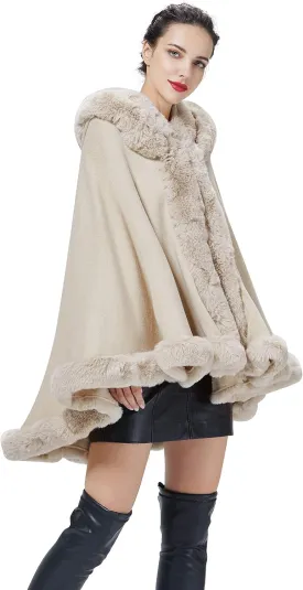 Poncho Hooded Shawl Wrap Women Cape Winter Faux Fur Trim Coat Sleeveless Cardigan Dressy Cloak for Party
