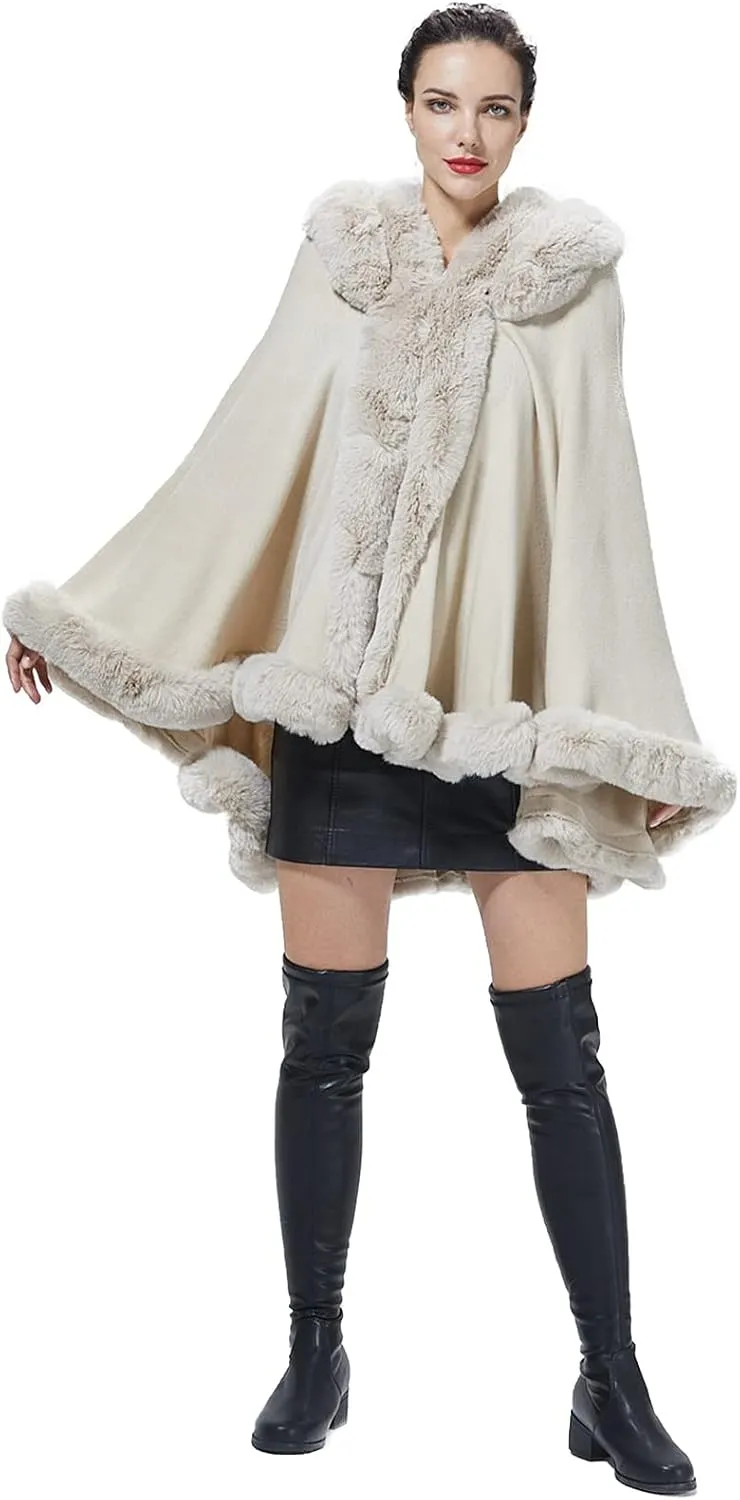 Poncho Hooded Shawl Wrap Women Cape Winter Faux Fur Trim Coat Sleeveless Cardigan Dressy Cloak for Party