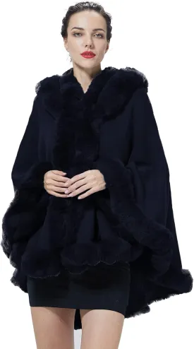 Poncho Hooded Shawl Wrap Women Cape Winter Faux Fur Trim Coat Sleeveless Cardigan Dressy Cloak for Party