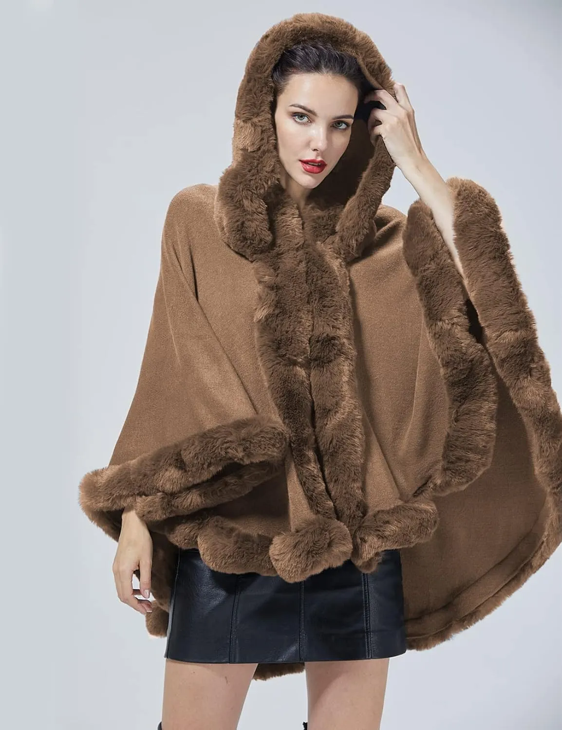 Poncho Hooded Shawl Wrap Women Cape Winter Faux Fur Trim Coat Sleeveless Cardigan Dressy Cloak for Party