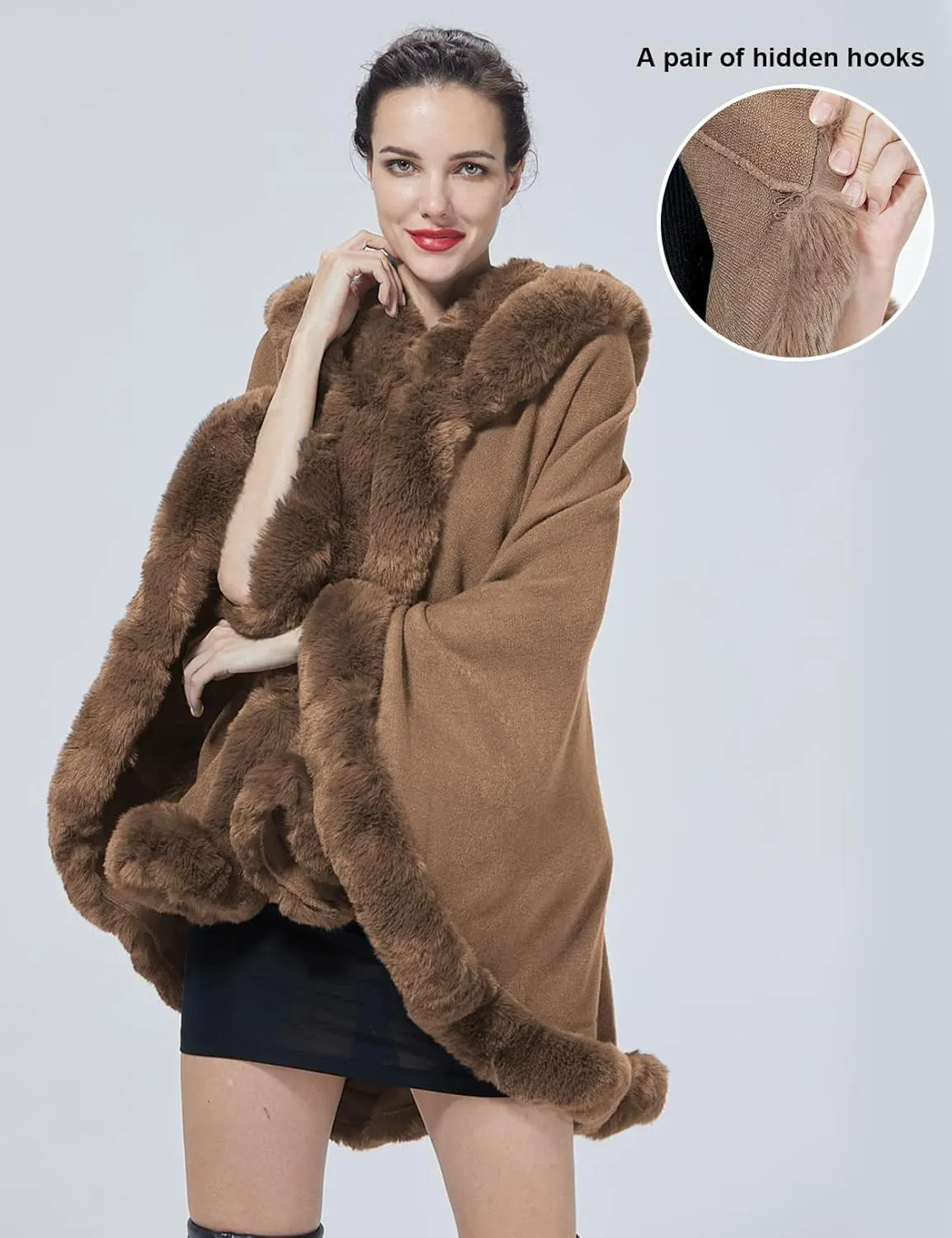 Poncho Hooded Shawl Wrap Women Cape Winter Faux Fur Trim Coat Sleeveless Cardigan Dressy Cloak for Party