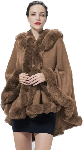 Poncho Hooded Shawl Wrap Women Cape Winter Faux Fur Trim Coat Sleeveless Cardigan Dressy Cloak for Party