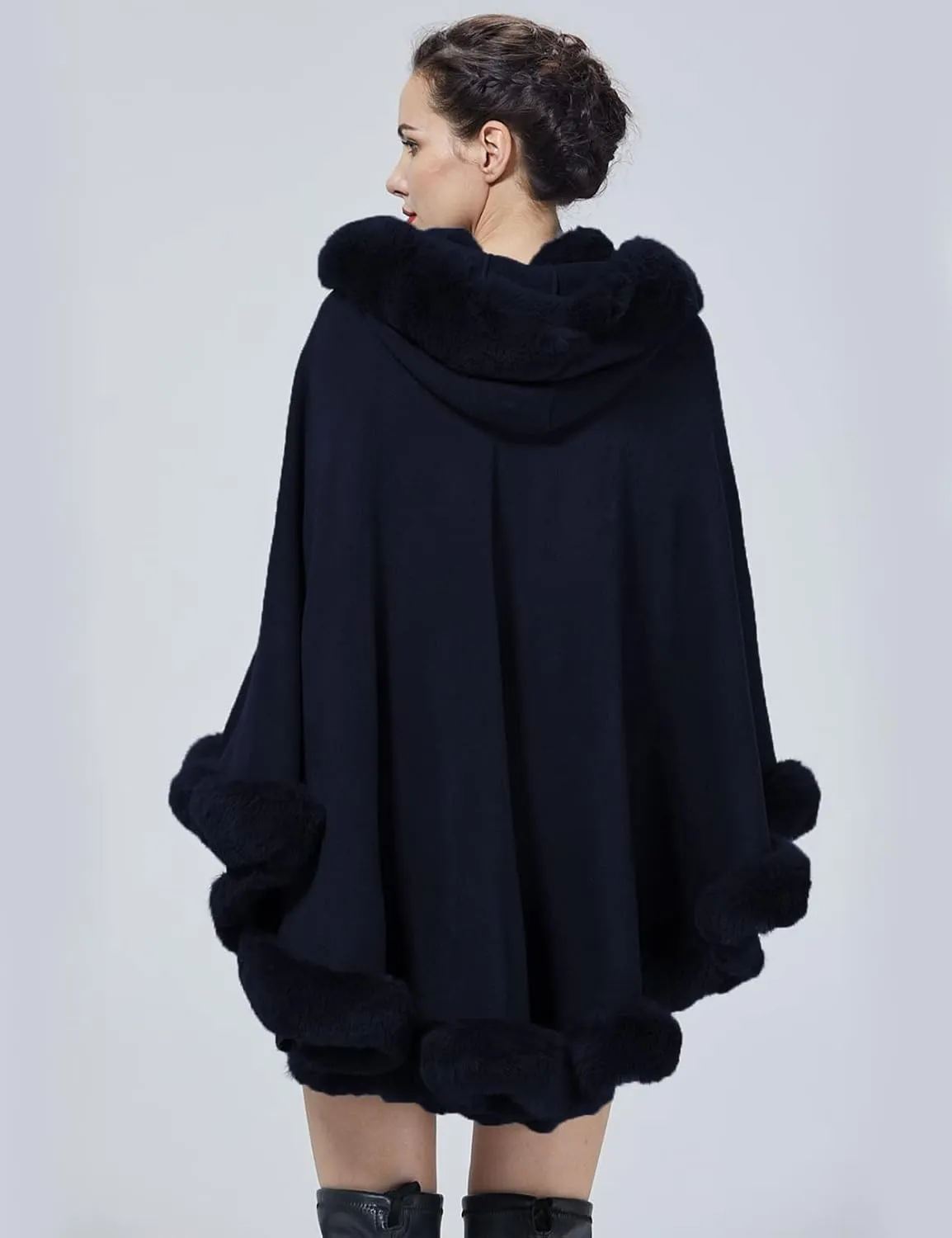 Poncho Hooded Shawl Wrap Women Cape Winter Faux Fur Trim Coat Sleeveless Cardigan Dressy Cloak for Party