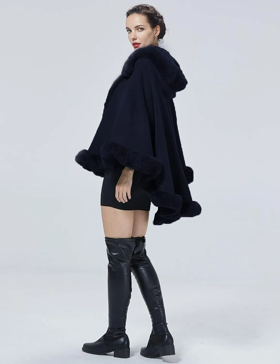 Poncho Hooded Shawl Wrap Women Cape Winter Faux Fur Trim Coat Sleeveless Cardigan Dressy Cloak for Party