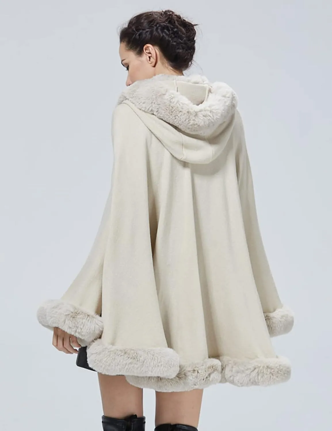 Poncho Hooded Shawl Wrap Women Cape Winter Faux Fur Trim Coat Sleeveless Cardigan Dressy Cloak for Party