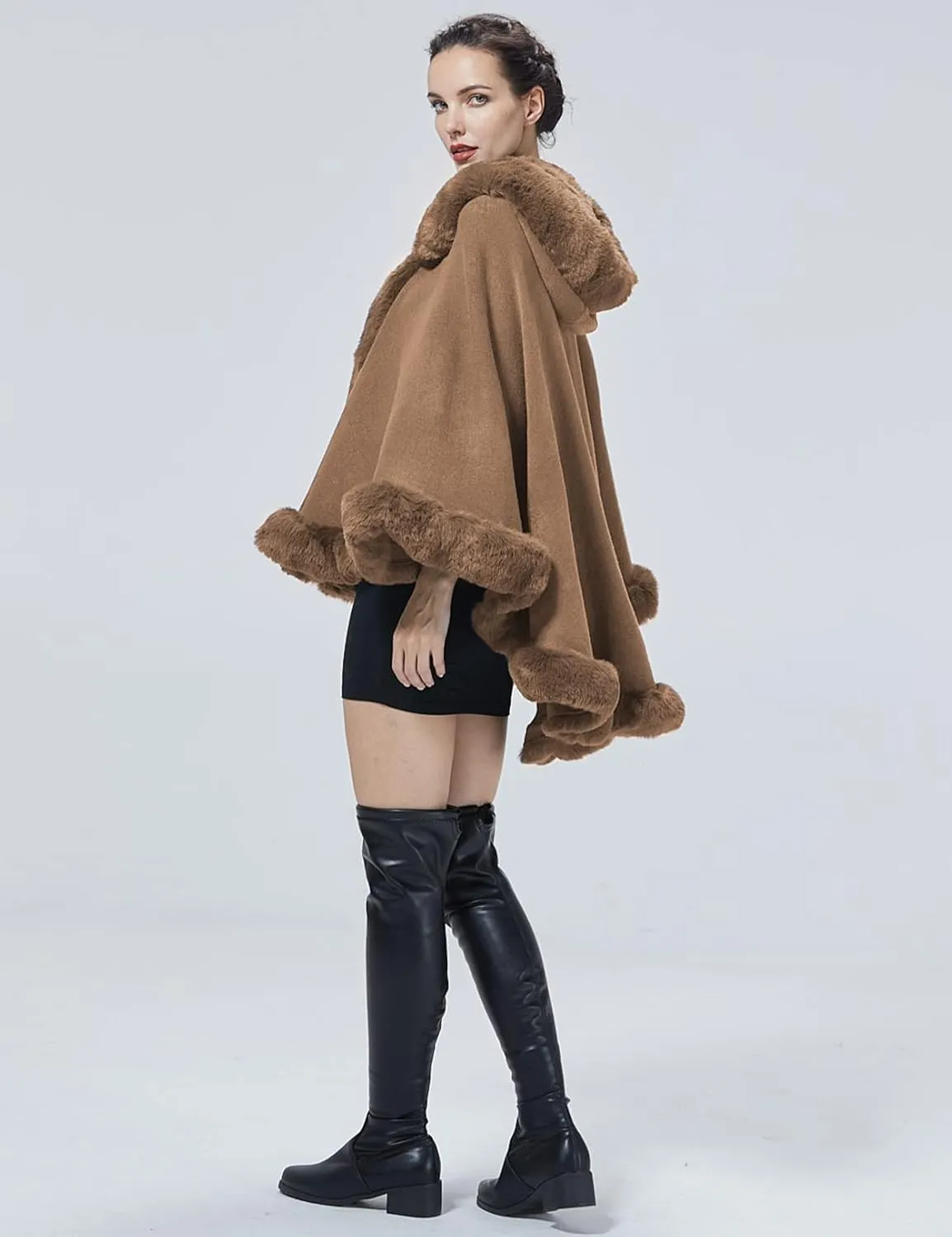 Poncho Hooded Shawl Wrap Women Cape Winter Faux Fur Trim Coat Sleeveless Cardigan Dressy Cloak for Party