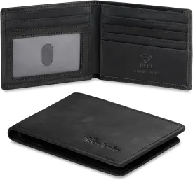 Real Leather Mens Bifold Wallet RFID Blocking Slim Minimalist Front Pocket - Thin & Stylish with ID Window in Gift Box (Crazy Horse, Black)