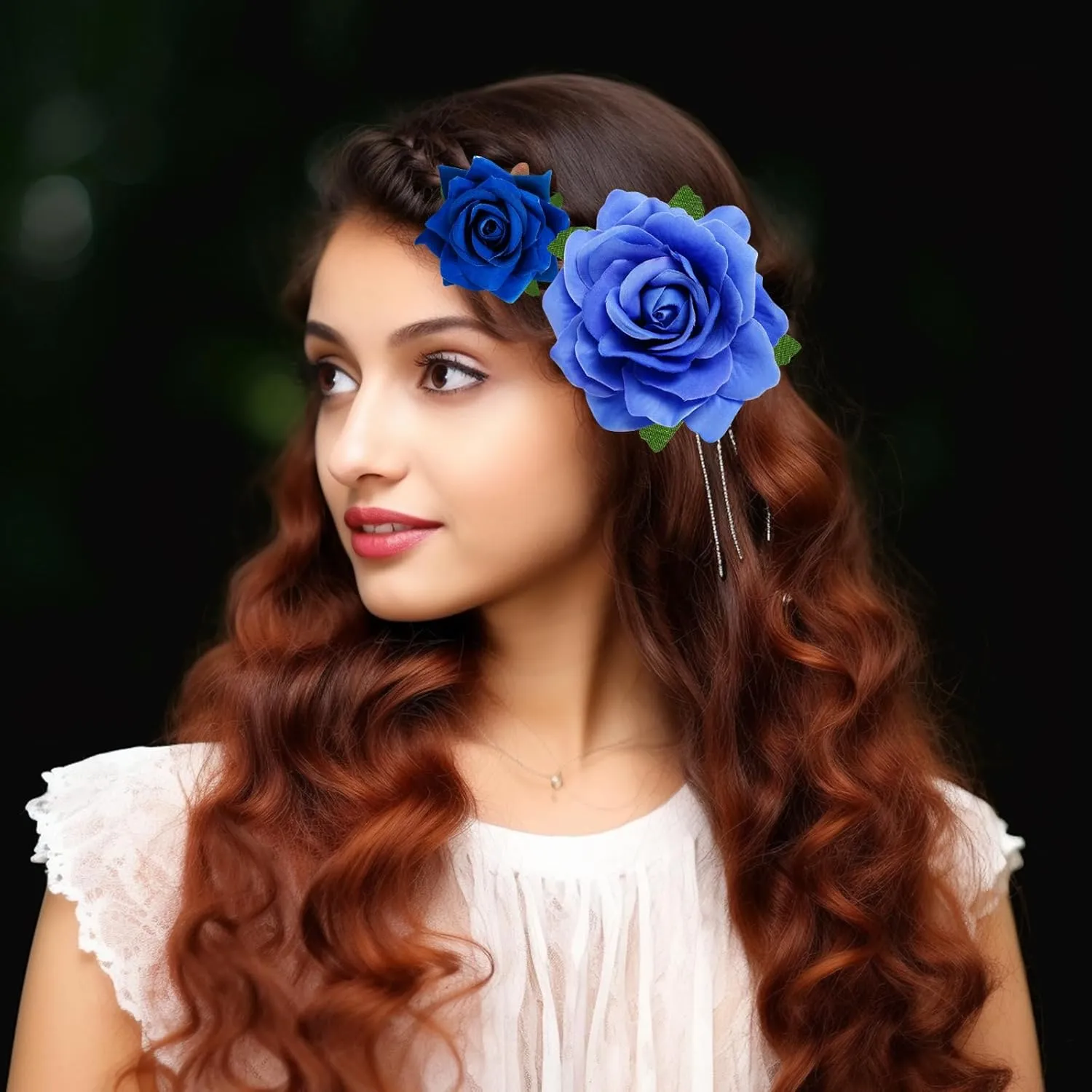 Rose Hair Clip - 4 Pcs Fabric Rose Flowers Hair Clips, Mexican Hair Flowers Pin up Headpieces for Woman Girl Wedding Party Mother's Day (2 Sizes) (Blue)