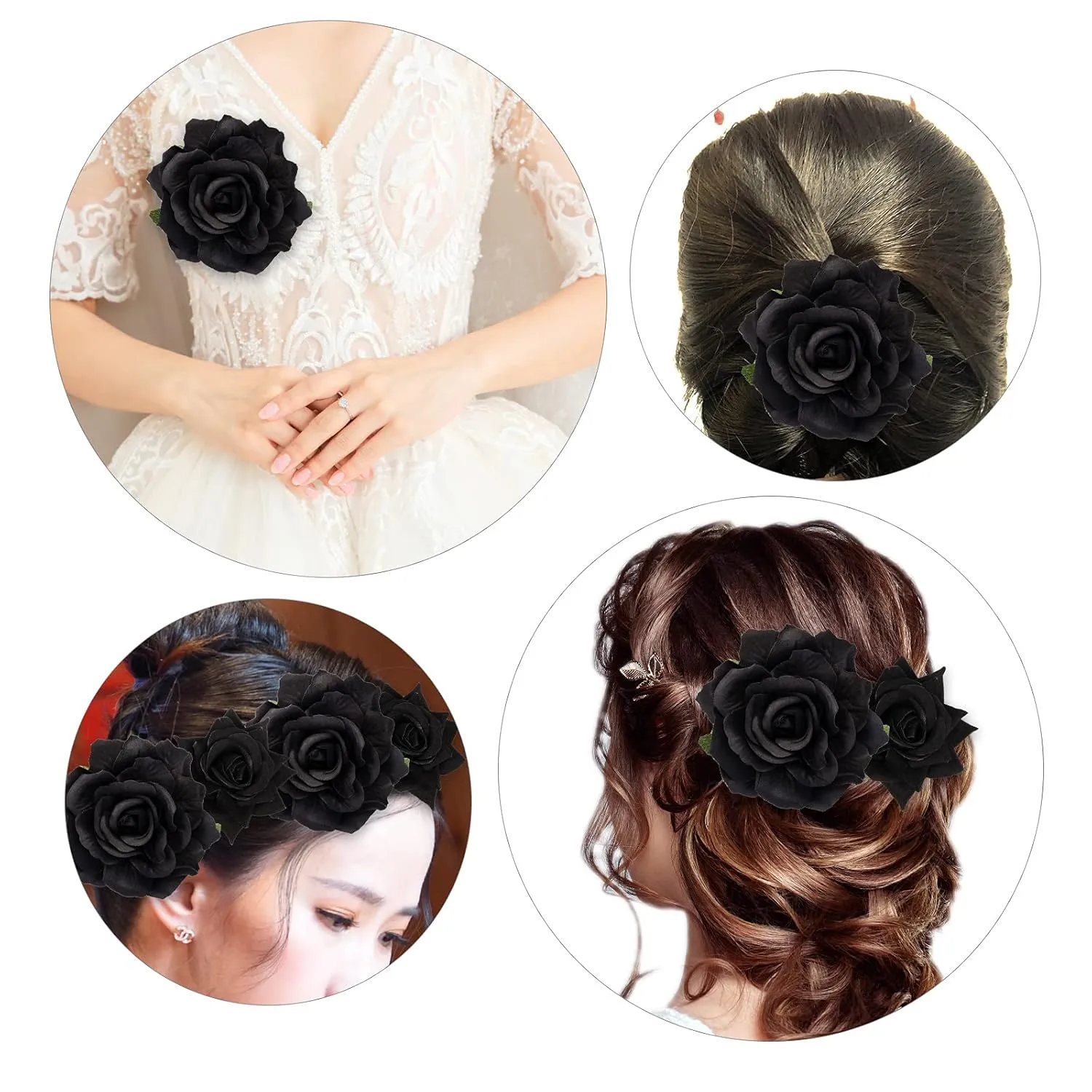 Rose Hair Clip Flower Hairpin Brooch, 4 Pcs Fabric Floral Clips Mexican Hair Flowers Pin up Headpieces for Woman Girl Wedding Party Mother's Day (Black)