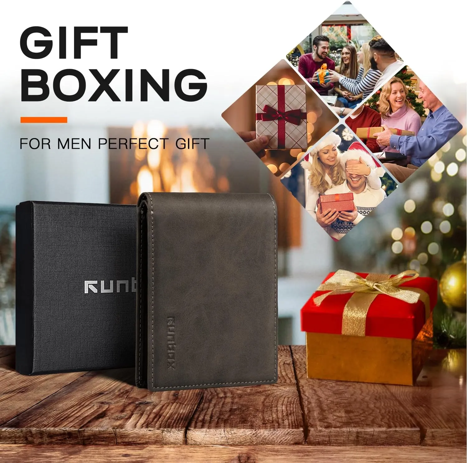 RUNBOX Wallet for Men,Mens Wallet,Slim Leather Bifold,RFID Blocking 8 Slots Gift Box
