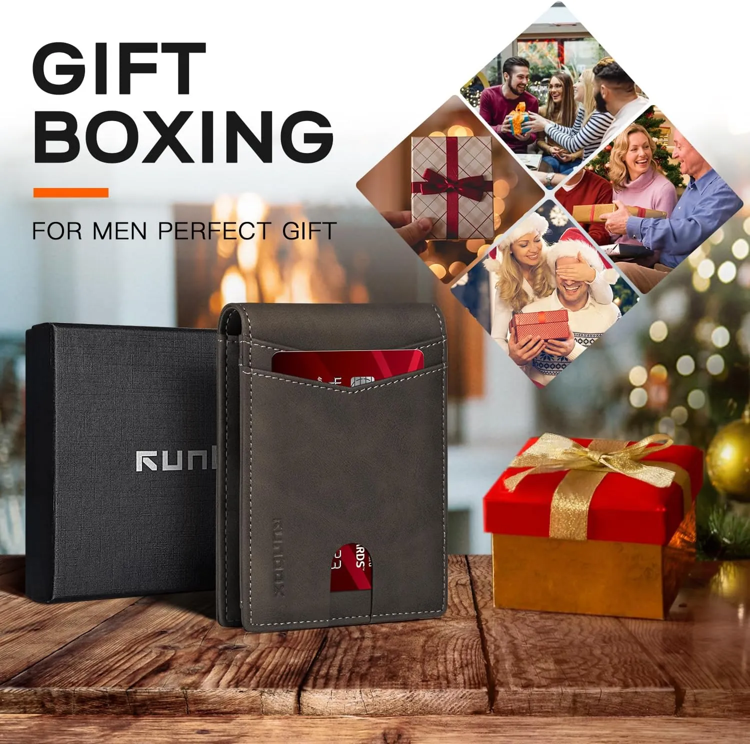 RUNBOX Wallet for Men,Mens Wallet,Slim Leather Bifold,RFID Blocking 8 Slots Gift Box