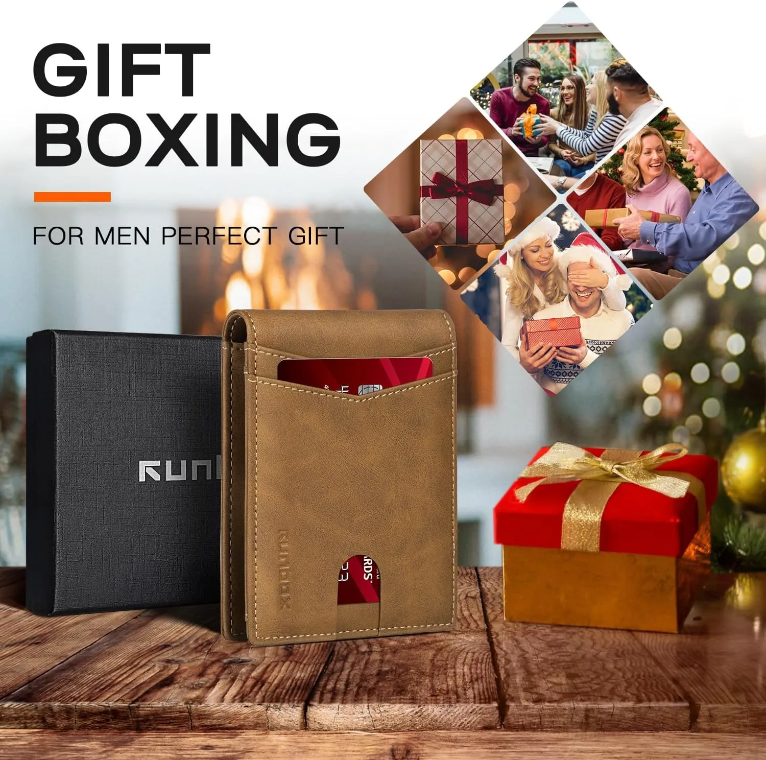 RUNBOX Wallet for Men,Mens Wallet,Slim Leather Bifold,RFID Blocking 8 Slots Gift Box