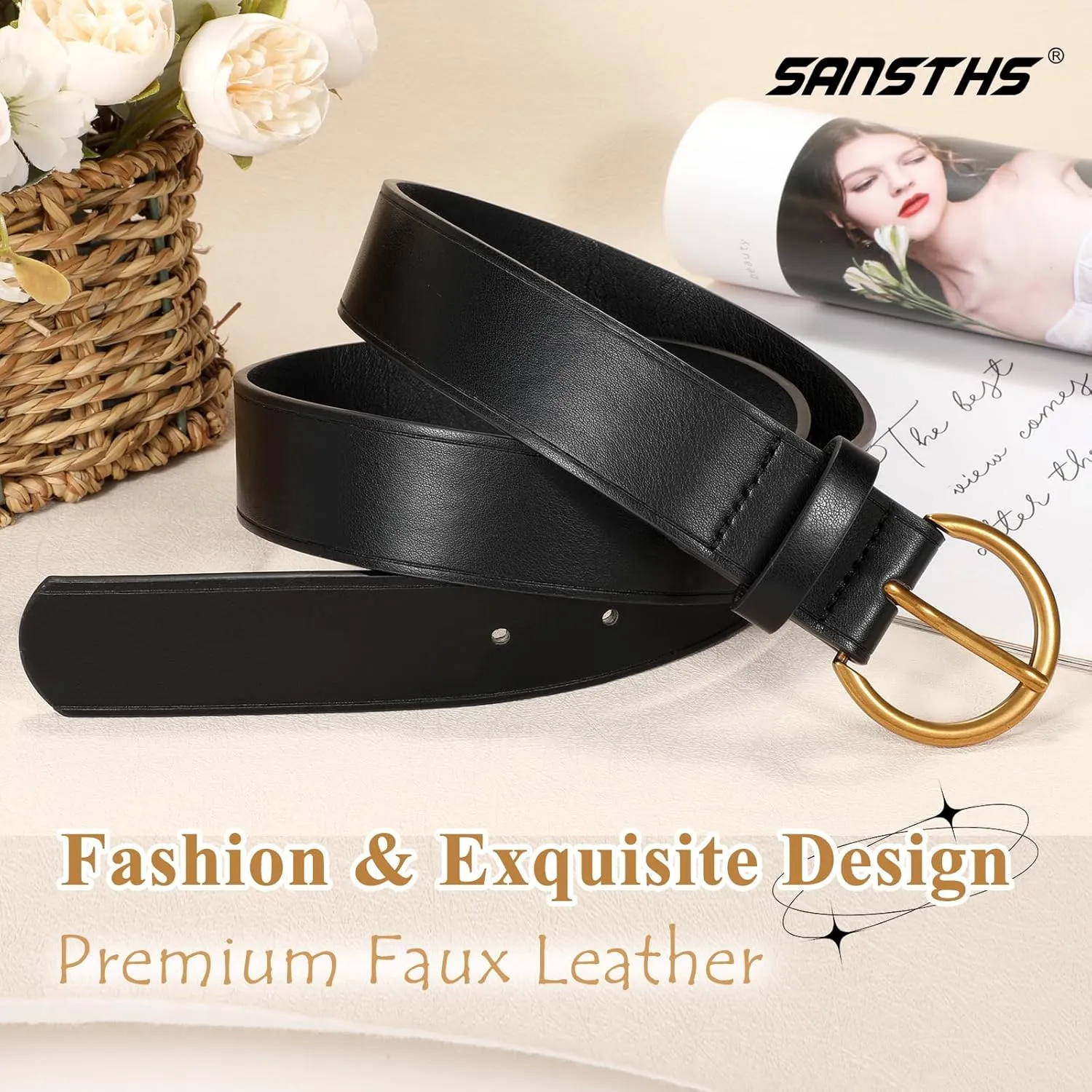 SANSTHS Ladies Waist Belt for Jeans Pants Dresses, Womens Belt with Antique Gold Buckle