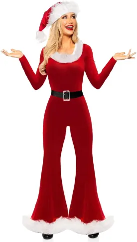 Santa Claus Costume Womens Christmas Jumpsuit Faux Fur Trim Belted Bell-Bottom Santa Outfit with Christmas Hat